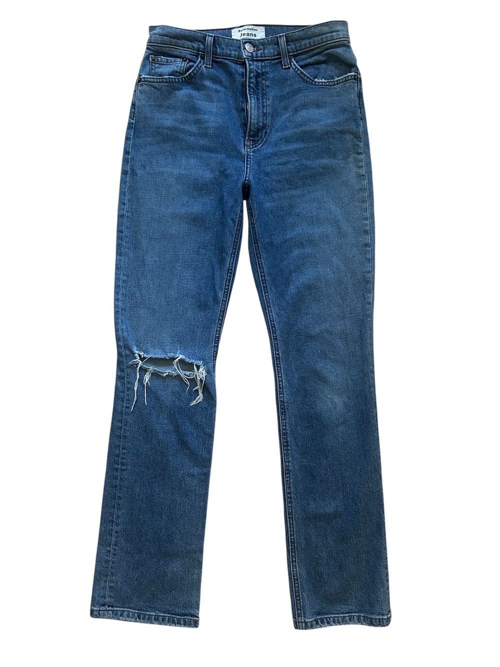 Reformation Jeans with Knee Rip Distress Lisa High Waisted Straight